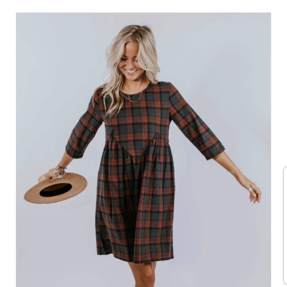 Roolee Plaid Midi Dress in Rust, Forest Green & Navy
